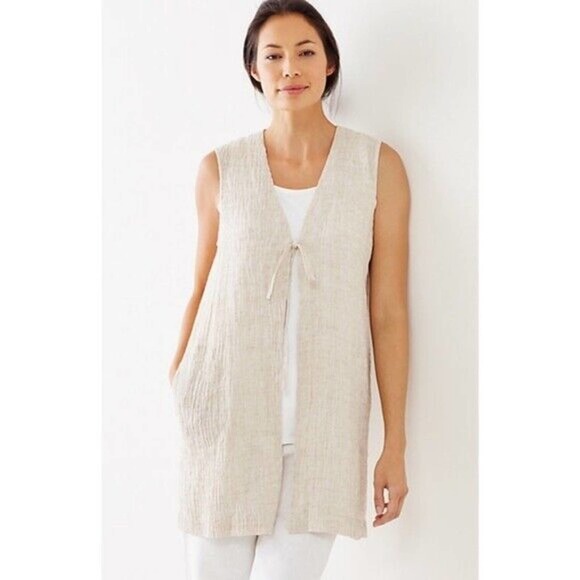 Yumi Kim Tops - J. Jill 100% Linen Tunic Duster Sleeveless Vest Tan Women's Size Large H14872